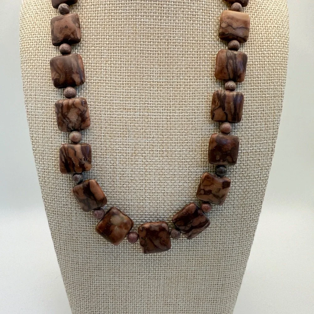 Brown Square‎ Jasper Gemstone Beaded Necklace Women Fashion Jewelry